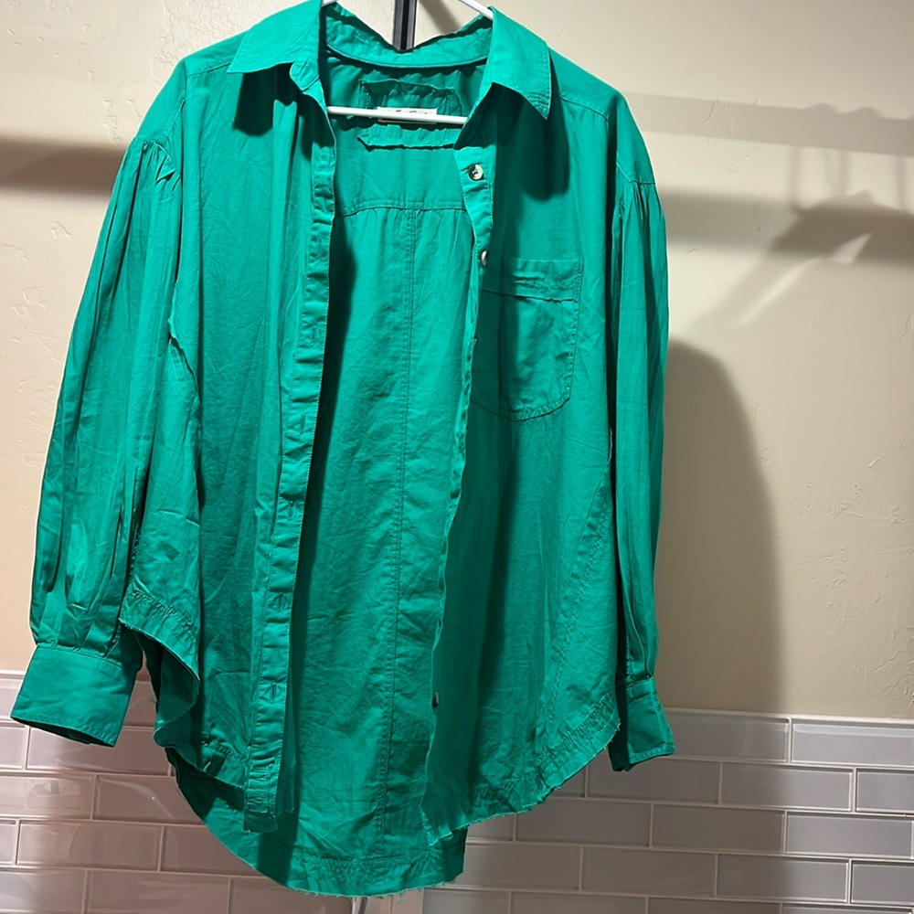 Free People Happy Hour Oversize Poplin Button-Up Shirt - Size XS - Green